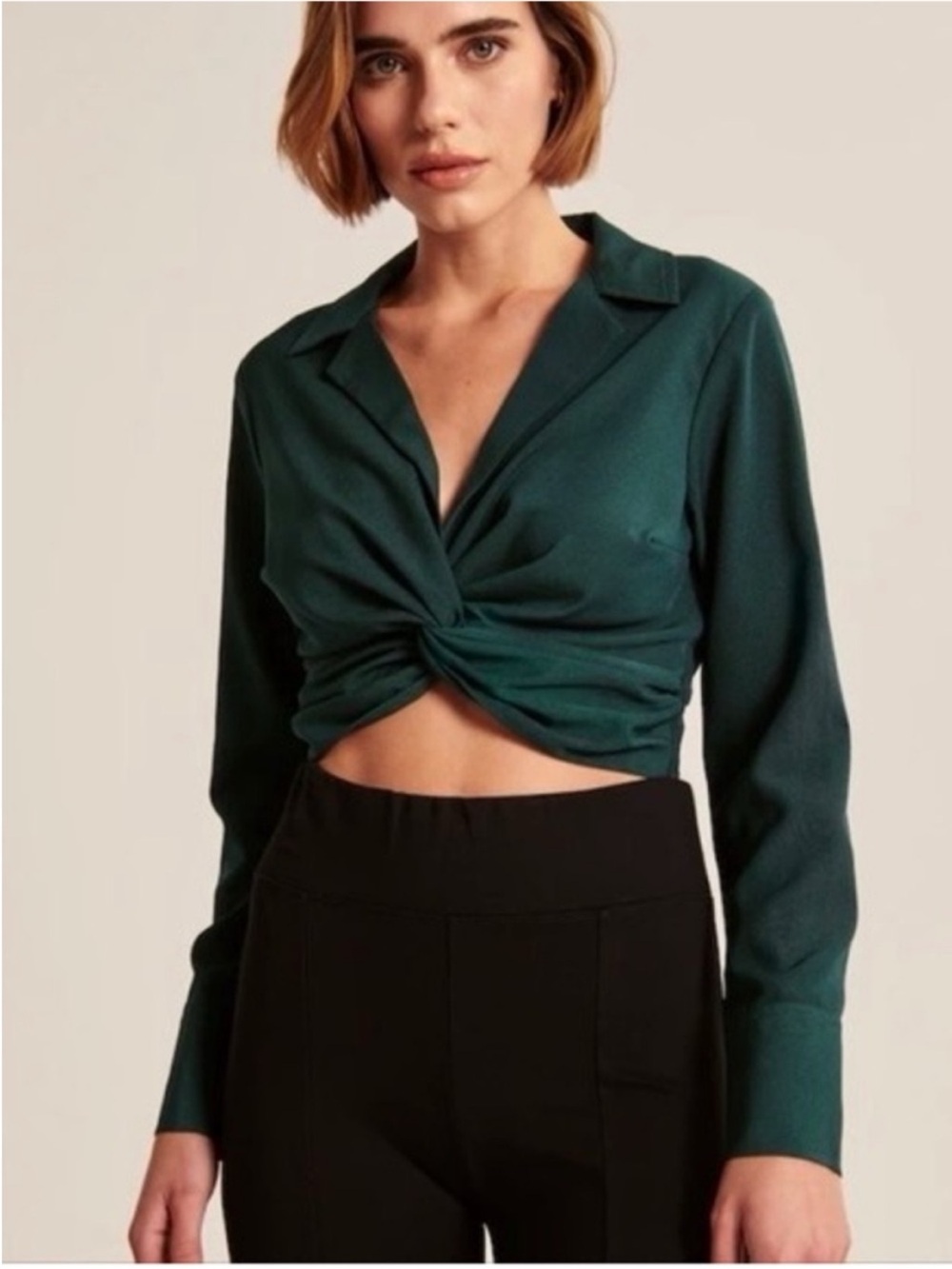 Abercrombie & Fitch Green Twist-Front Collared Crop Top